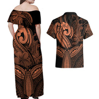 Polynesia Couples Matching Off Shoulder Maxi Dress and Hawaiian Shirt Whale Tale and Polynesian Sunset Plumeria Gold LT9 - Wonder Print Shop