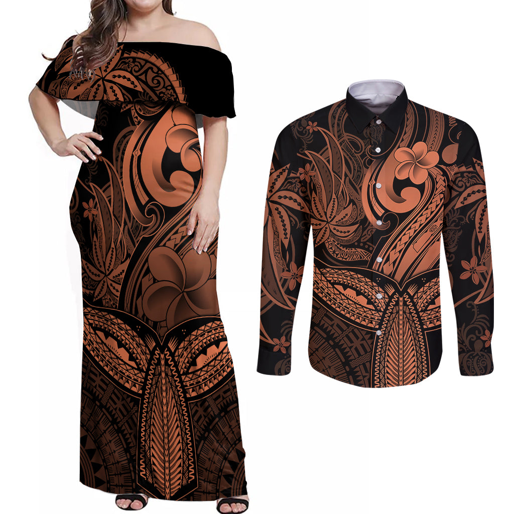 Polynesia Couples Matching Off Shoulder Maxi Dress and Long Sleeve Button Shirts Whale Tale and Polynesian Sunset Plumeria Gold LT9 - Wonder Print Shop