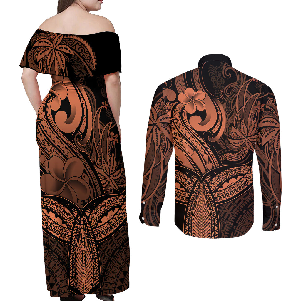Polynesia Couples Matching Off Shoulder Maxi Dress and Long Sleeve Button Shirts Whale Tale and Polynesian Sunset Plumeria Gold LT9 - Wonder Print Shop