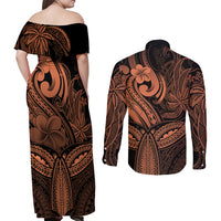 Polynesia Couples Matching Off Shoulder Maxi Dress and Long Sleeve Button Shirts Whale Tale and Polynesian Sunset Plumeria Gold LT9 - Wonder Print Shop