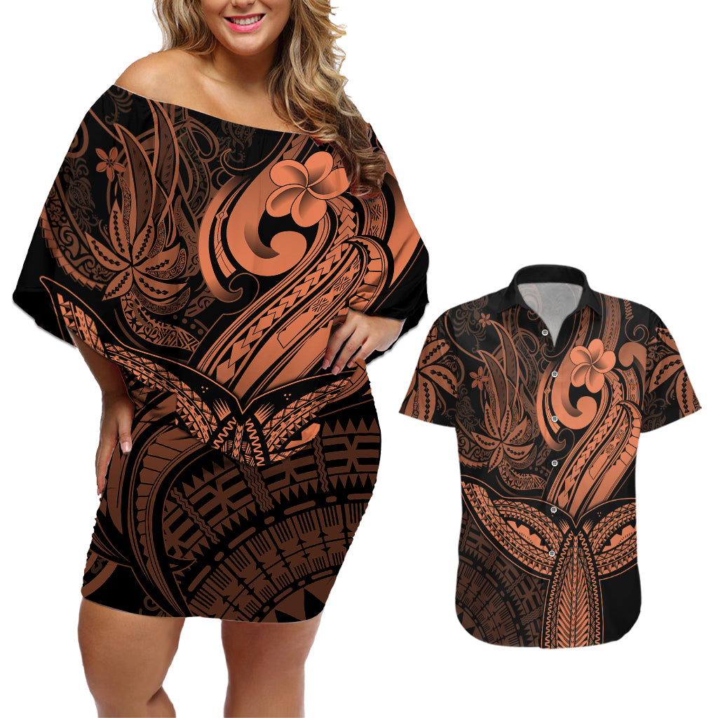 Polynesia Couples Matching Off Shoulder Short Dress and Hawaiian Shirt Whale Tale and Polynesian Sunset Plumeria Gold LT9 - Wonder Print Shop