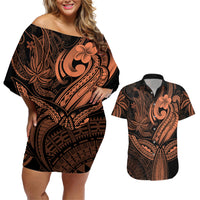 Polynesia Couples Matching Off Shoulder Short Dress and Hawaiian Shirt Whale Tale and Polynesian Sunset Plumeria Gold LT9 - Wonder Print Shop