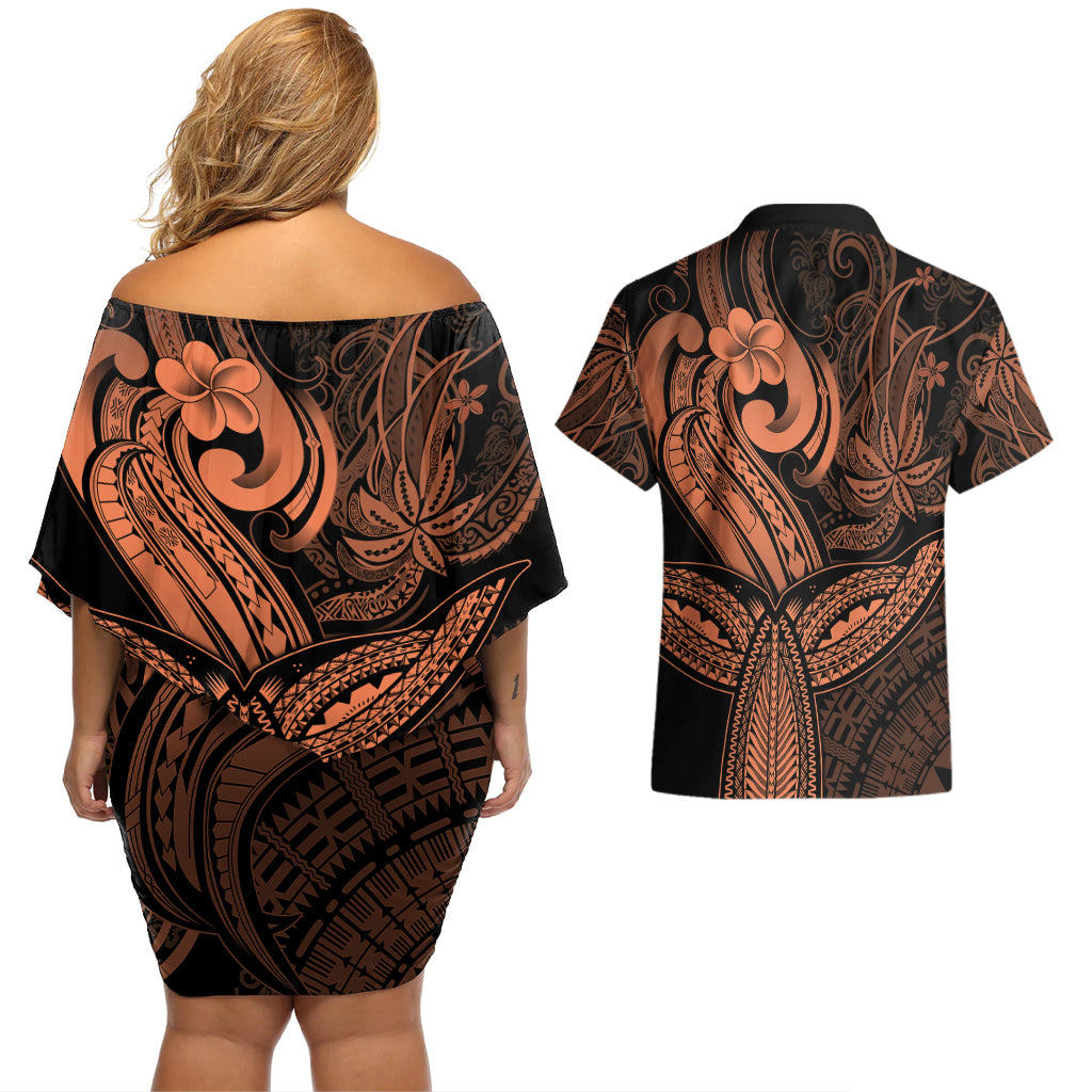 Polynesia Couples Matching Off Shoulder Short Dress and Hawaiian Shirt Whale Tale and Polynesian Sunset Plumeria Gold LT9 - Wonder Print Shop
