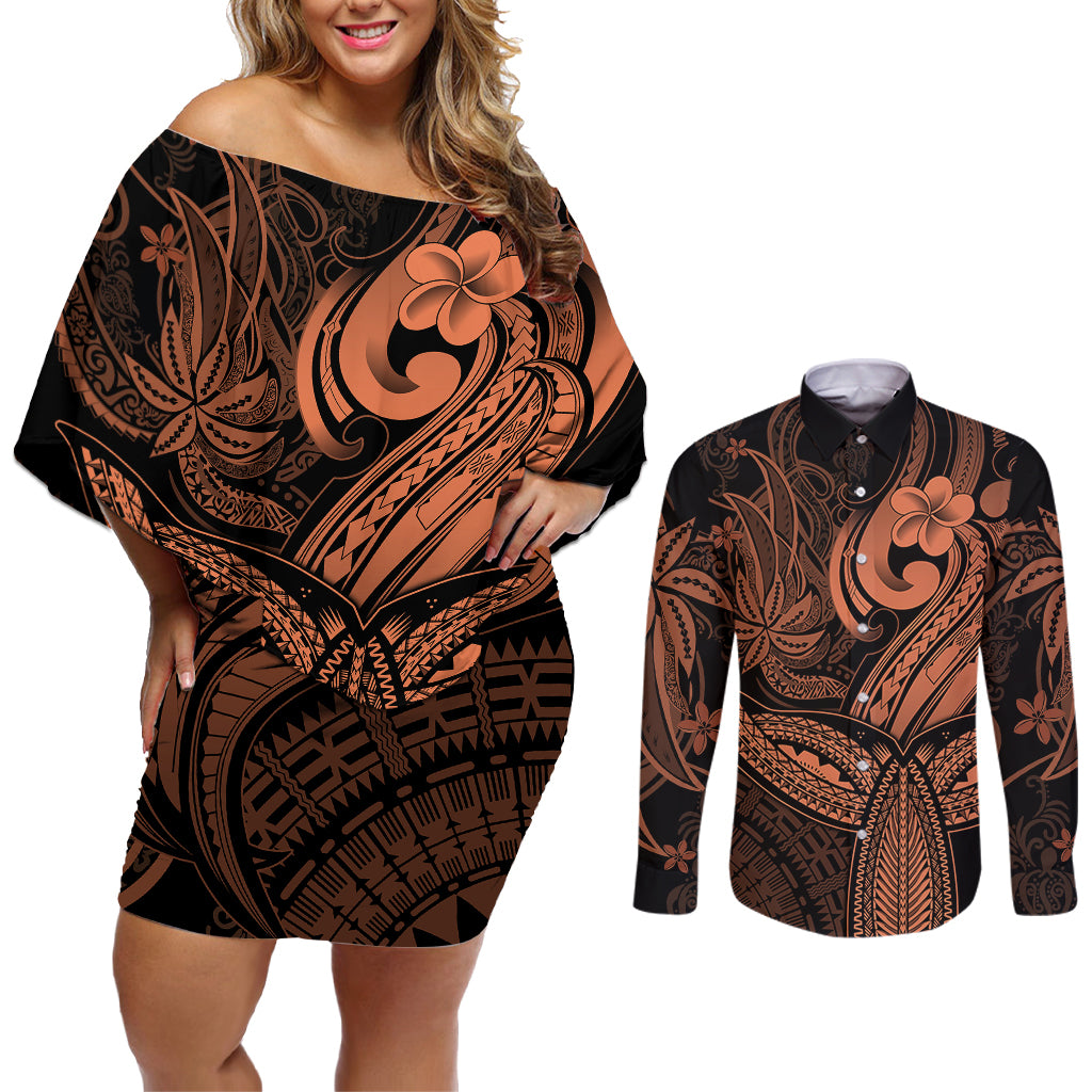 Polynesia Couples Matching Off Shoulder Short Dress and Long Sleeve Button Shirts Whale Tale and Polynesian Sunset Plumeria Gold LT9 - Wonder Print Shop