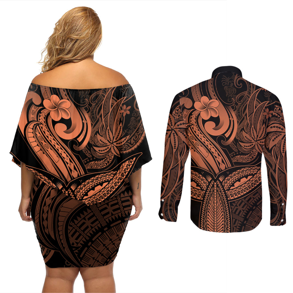 Polynesia Couples Matching Off Shoulder Short Dress and Long Sleeve Button Shirts Whale Tale and Polynesian Sunset Plumeria Gold LT9 - Wonder Print Shop