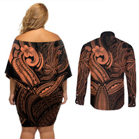 Polynesia Couples Matching Off Shoulder Short Dress and Long Sleeve Button Shirts Whale Tale and Polynesian Sunset Plumeria Gold LT9 - Wonder Print Shop