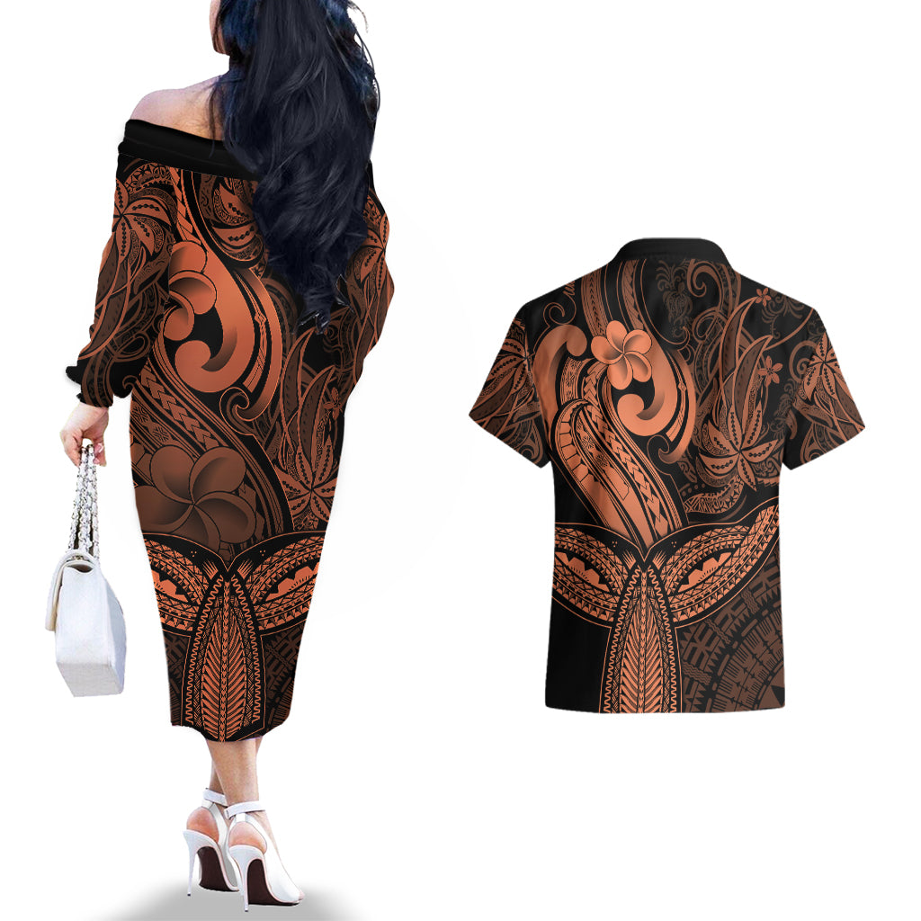 Polynesia Couples Matching Off The Shoulder Long Sleeve Dress and Hawaiian Shirt Whale Tale and Polynesian Sunset Plumeria Gold LT9 - Wonder Print Shop