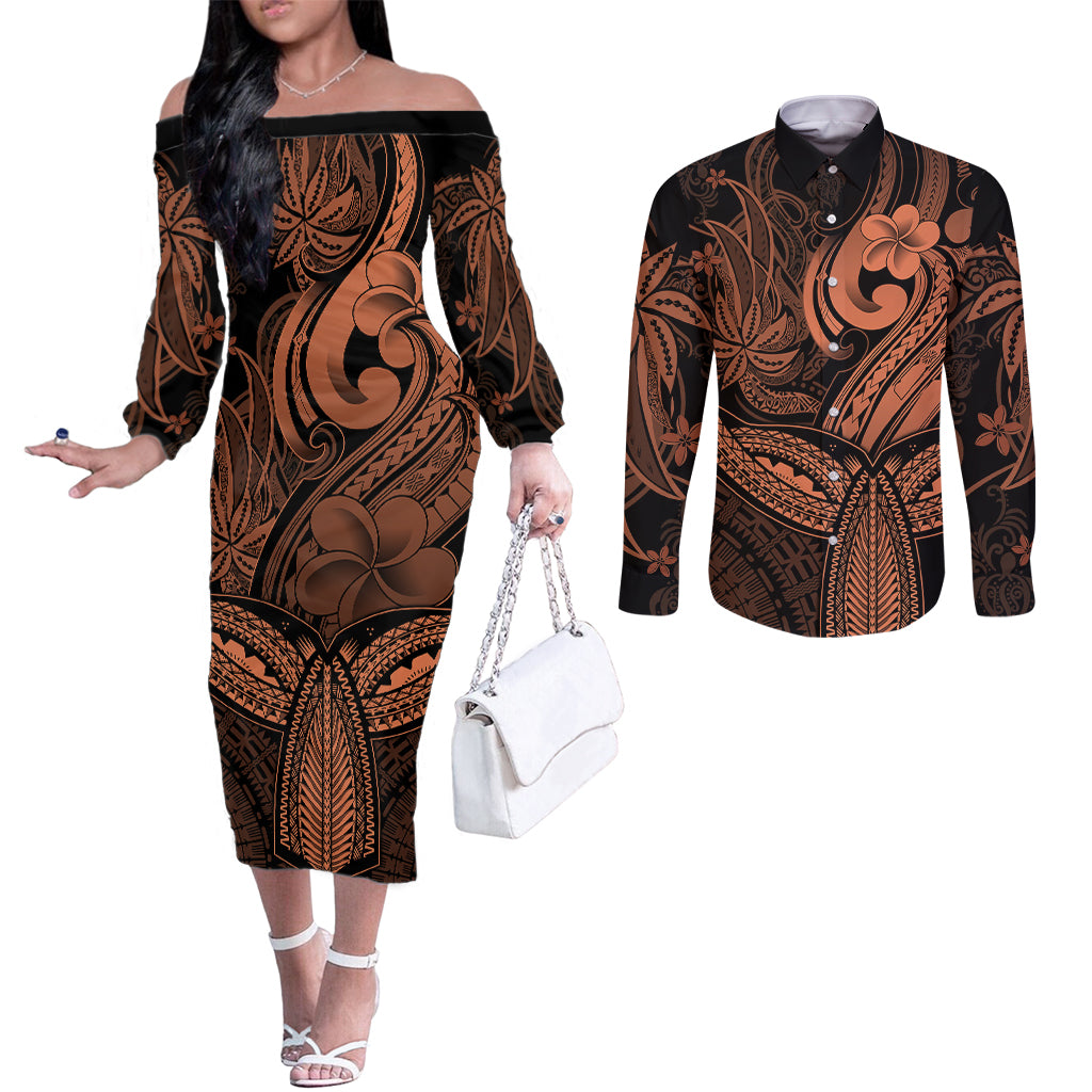 polynesia-couples-matching-off-the-shoulder-long-sleeve-dress-and-long-sleeve-button-shirts-whale-tale-and-polynesian-sunset-plumeria-gold