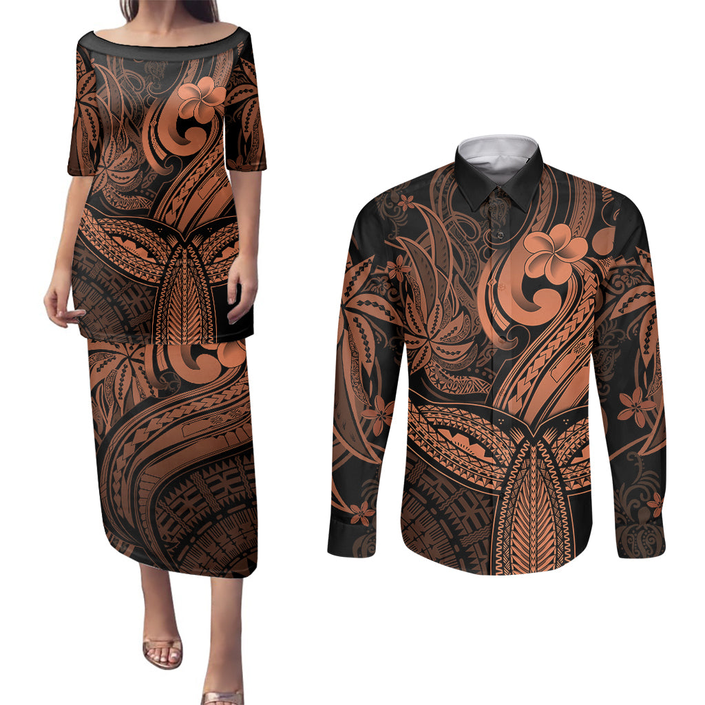 Polynesia Couples Matching Puletasi Dress and Long Sleeve Button Shirts Whale Tale and Polynesian Sunset Plumeria Gold LT9 - Wonder Print Shop