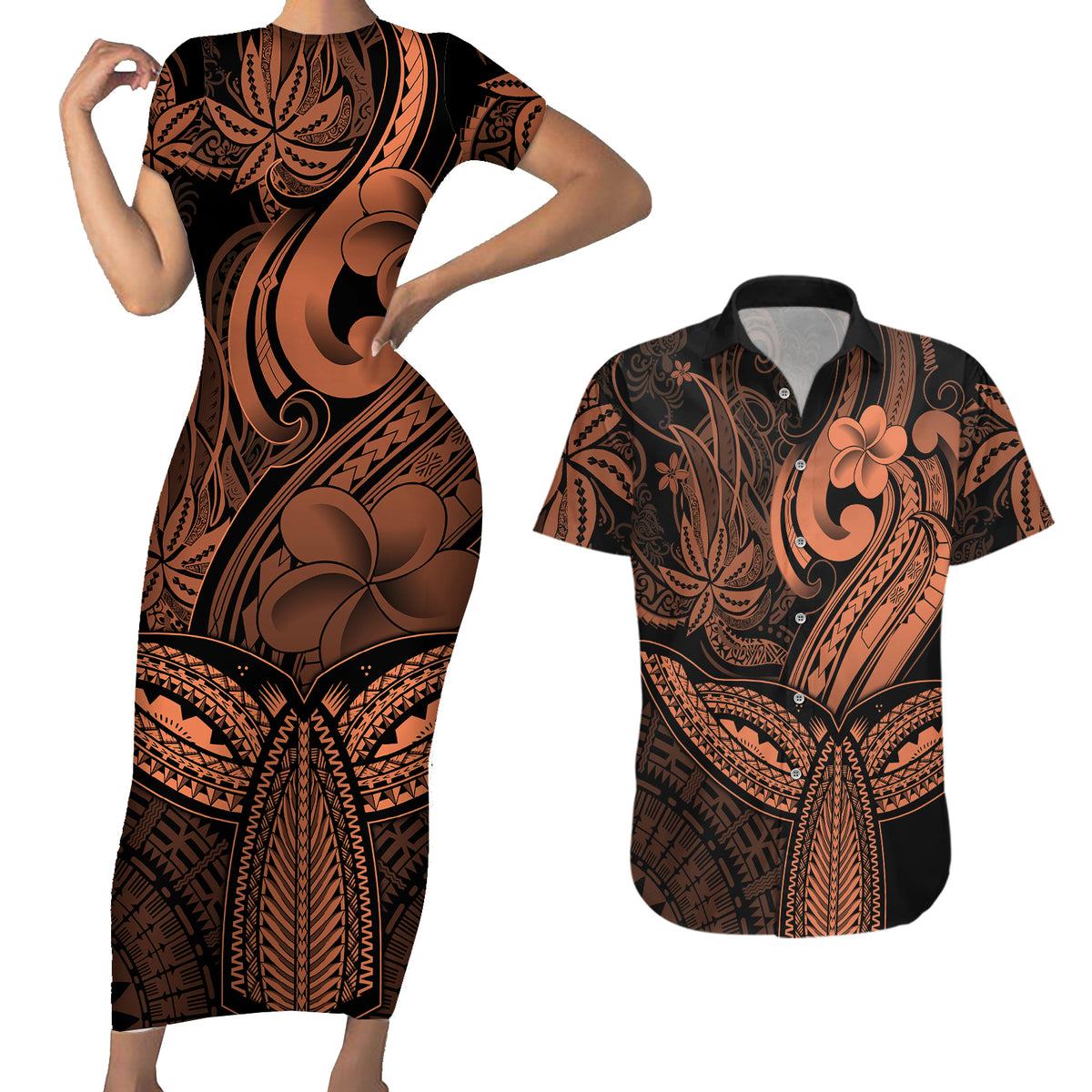 Polynesia Couples Matching Short Sleeve Bodycon Dress and Hawaiian Shirt Whale Tale and Polynesian Sunset Plumeria Gold LT9 - Wonder Print Shop