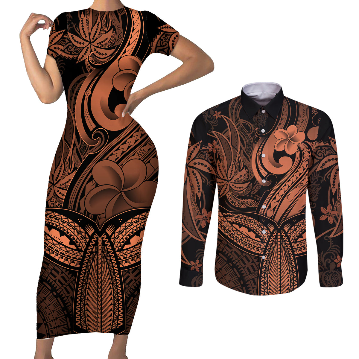 Polynesia Couples Matching Short Sleeve Bodycon Dress and Long Sleeve Button Shirts Whale Tale and Polynesian Sunset Plumeria Gold LT9 - Wonder Print Shop