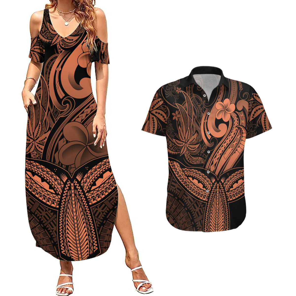 Polynesia Couples Matching Summer Maxi Dress and Hawaiian Shirt Whale Tale and Polynesian Sunset Plumeria Gold LT9 - Wonder Print Shop