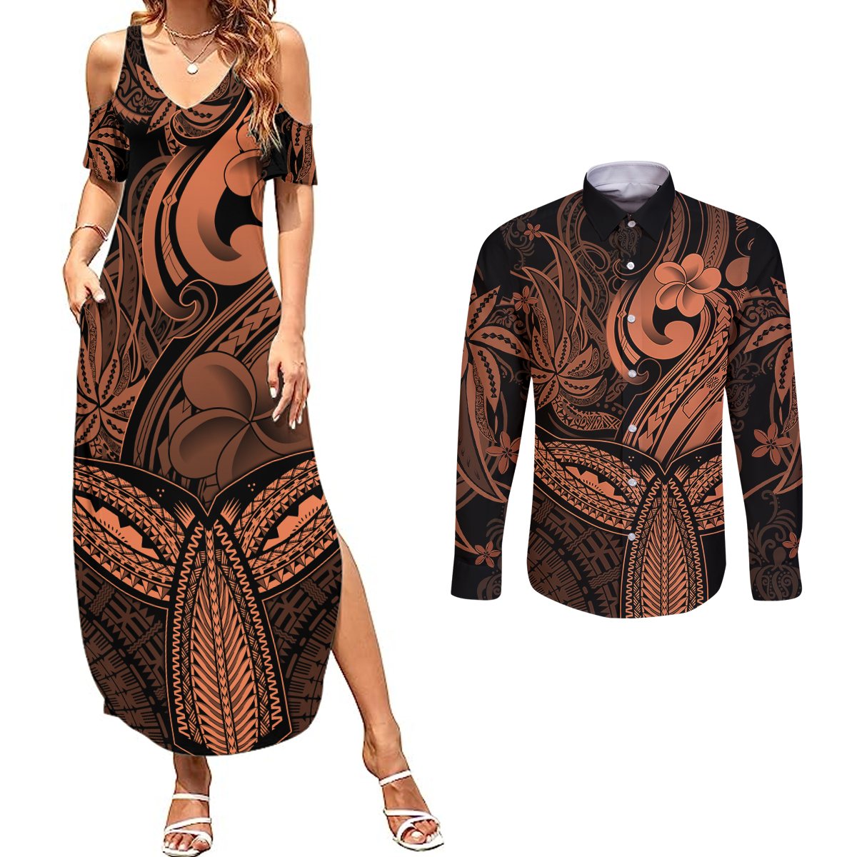 Polynesia Couples Matching Summer Maxi Dress and Long Sleeve Button Shirts Whale Tale and Polynesian Sunset Plumeria Gold LT9 - Wonder Print Shop