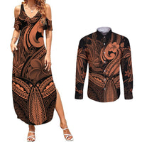 Polynesia Couples Matching Summer Maxi Dress and Long Sleeve Button Shirts Whale Tale and Polynesian Sunset Plumeria Gold LT9 - Wonder Print Shop