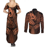 Polynesia Couples Matching Summer Maxi Dress and Long Sleeve Button Shirts Whale Tale and Polynesian Sunset Plumeria Gold LT9 - Wonder Print Shop