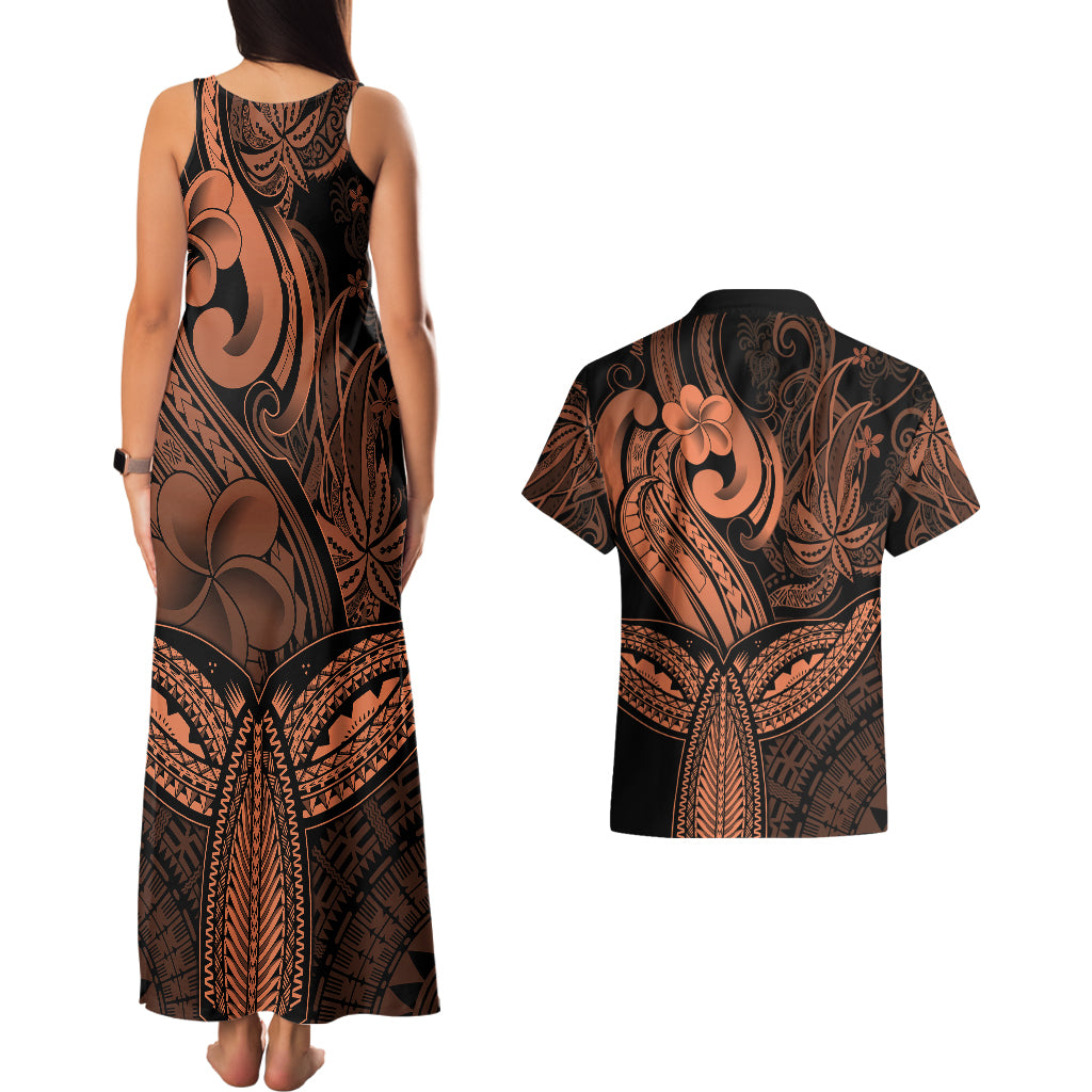 Polynesia Couples Matching Tank Maxi Dress and Hawaiian Shirt Whale Tale and Polynesian Sunset Plumeria Gold LT9 - Wonder Print Shop