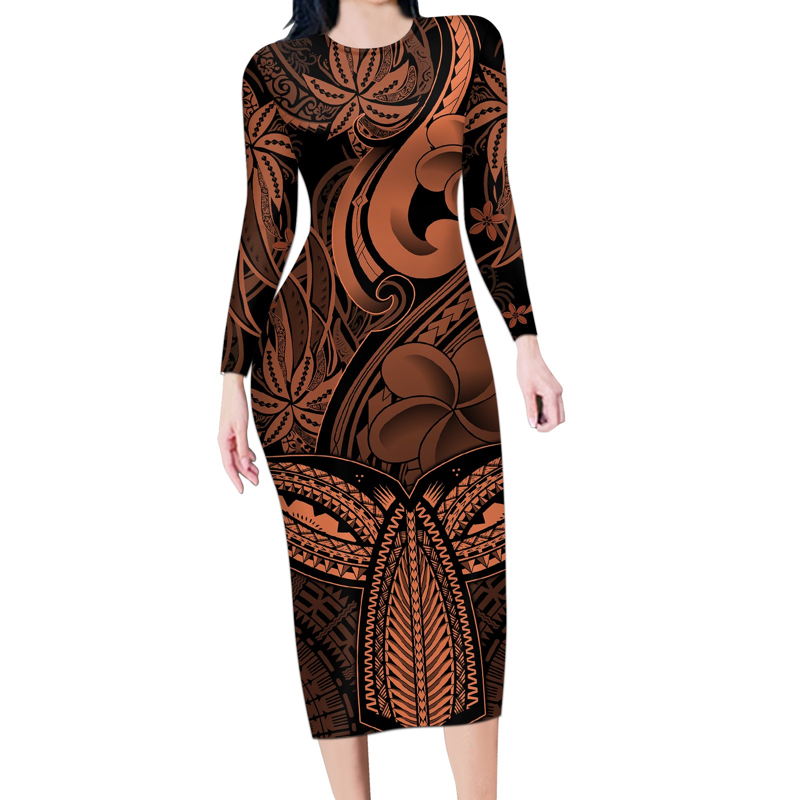 Polynesia Long Sleeve Bodycon Dress Whale Tale and Polynesian Sunset Plumeria Gold - Wonder Print Shop