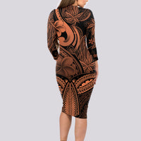 Polynesia Long Sleeve Bodycon Dress Whale Tale and Polynesian Sunset Plumeria Gold - Wonder Print Shop