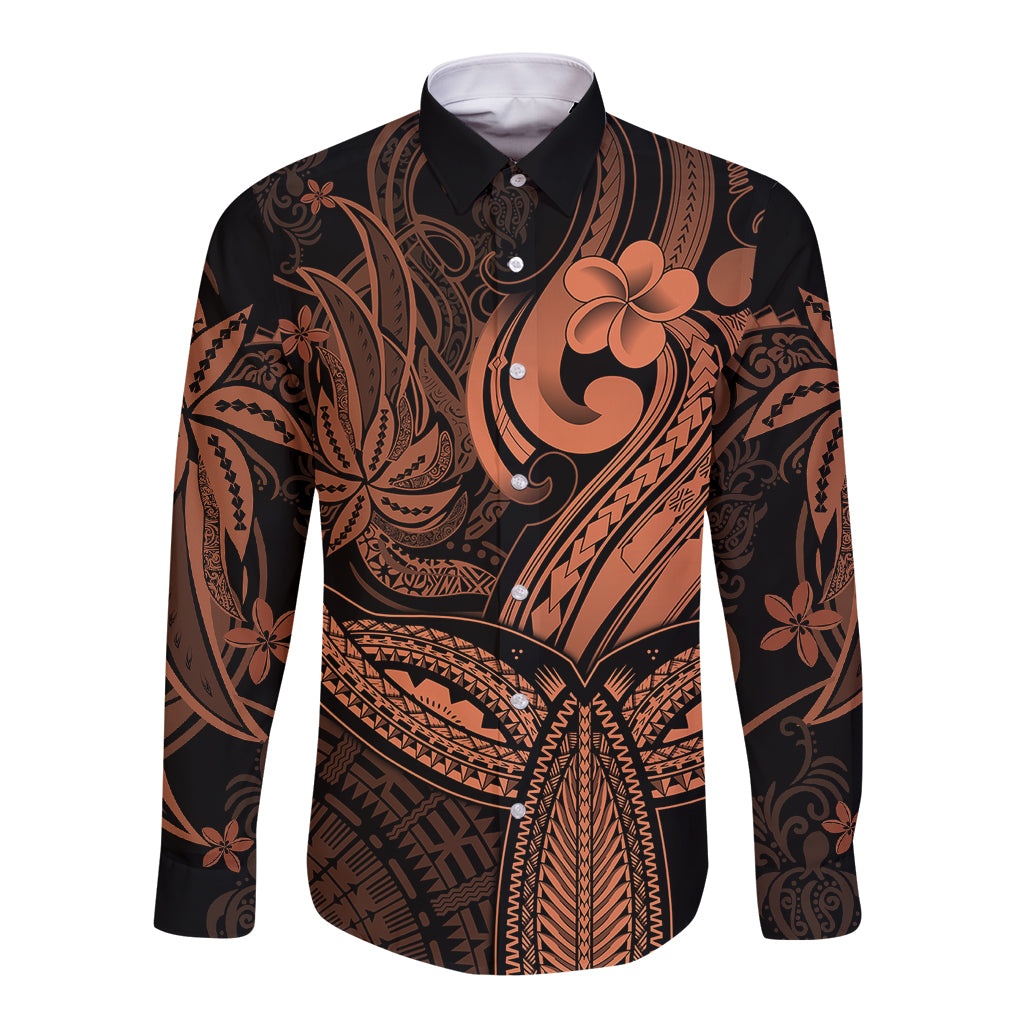 Polynesia Long Sleeve Button Shirt Whale Tale and Polynesian Sunset Plumeria Gold - Wonder Print Shop