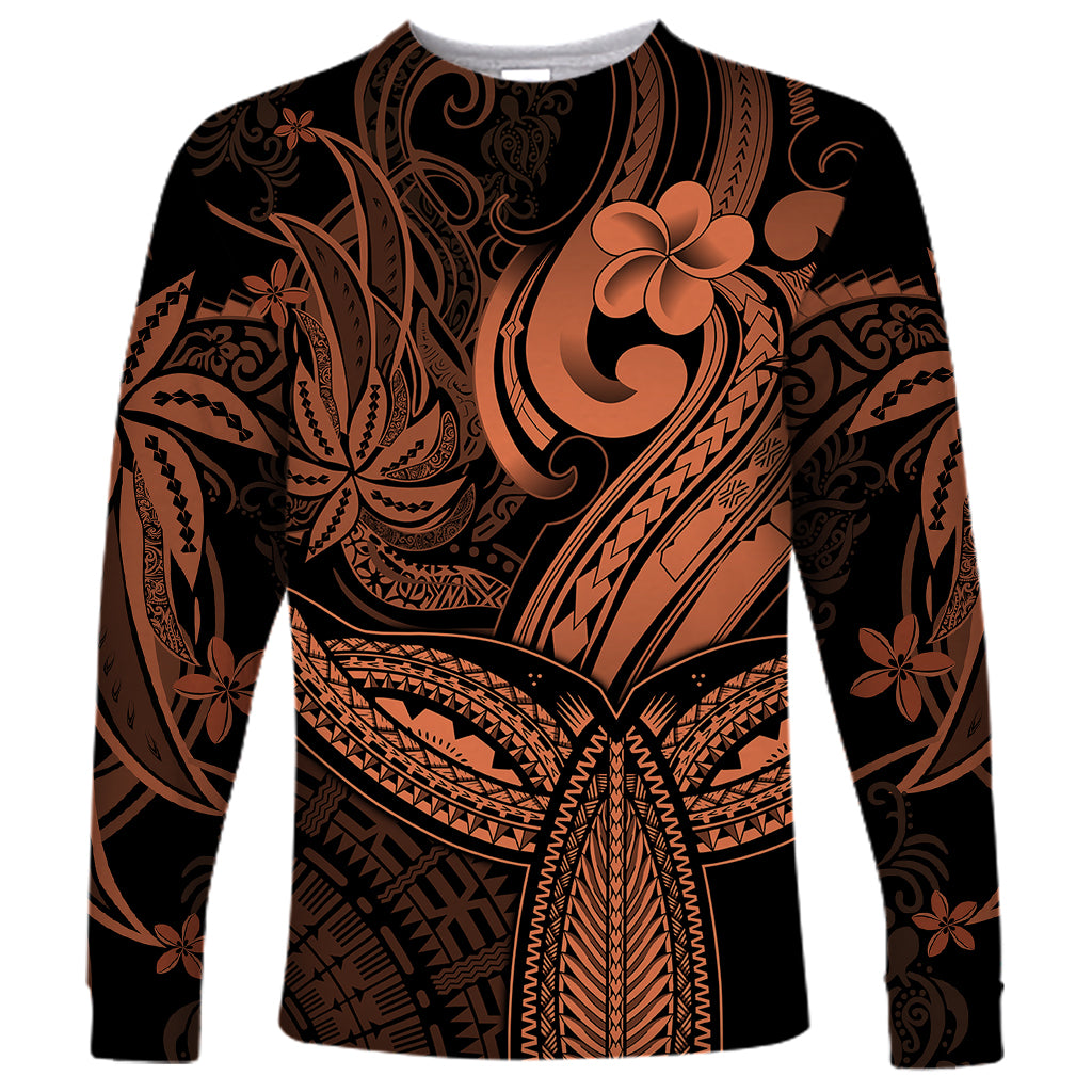 Polynesia Long Sleeve Shirt Whale Tale and Polynesian Sunset Plumeria Gold - Wonder Print Shop