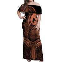 Polynesia Off Shoulder Maxi Dress Whale Tale and Polynesian Sunset Plumeria Gold - Wonder Print Shop