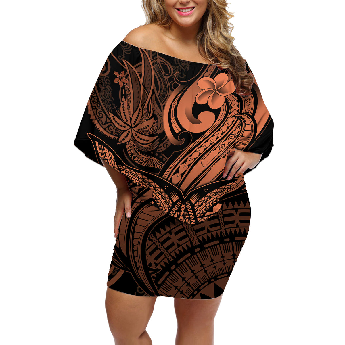 Polynesia Off Shoulder Short Dress Whale Tale and Polynesian Sunset Plumeria Gold - Wonder Print Shop