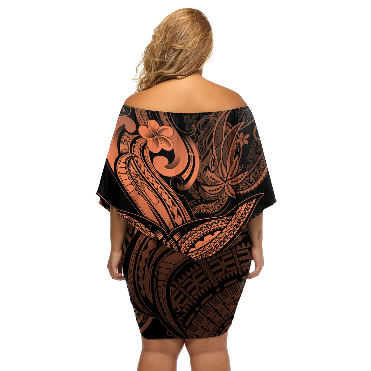 Polynesia Off Shoulder Short Dress Whale Tale and Polynesian Sunset Plumeria Gold - Wonder Print Shop
