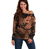Polynesia Off Shoulder Sweater Whale Tale and Polynesian Sunset Plumeria Gold - Wonder Print Shop