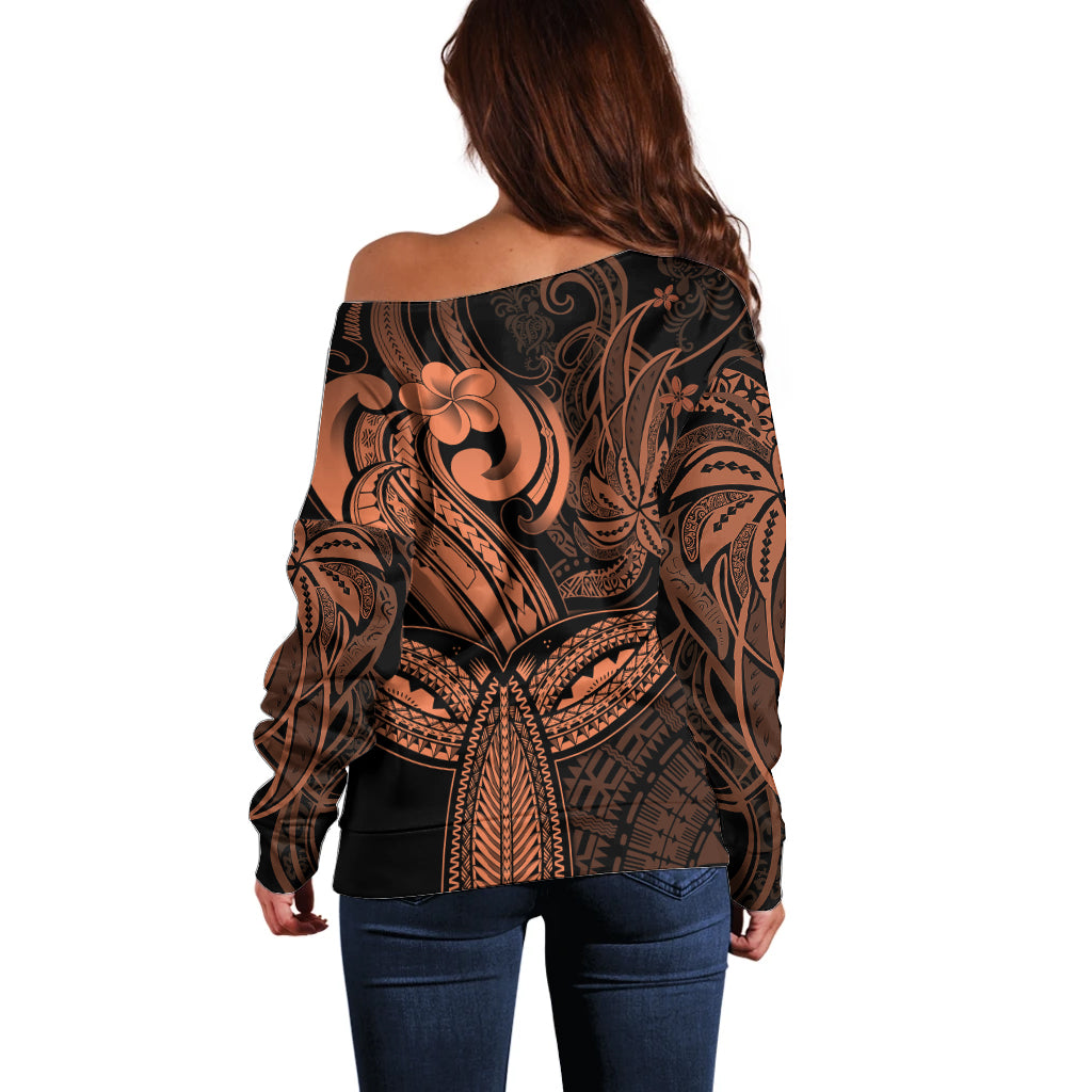 Polynesia Off Shoulder Sweater Whale Tale and Polynesian Sunset Plumeria Gold - Wonder Print Shop