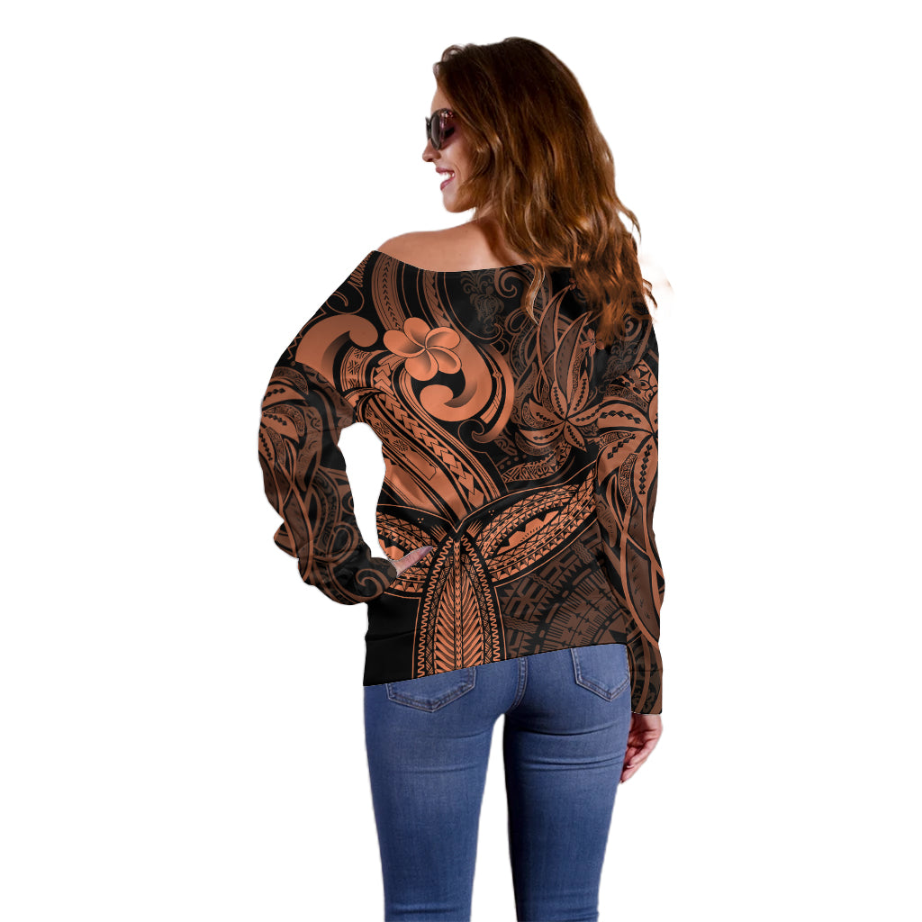 Polynesia Off Shoulder Sweater Whale Tale and Polynesian Sunset Plumeria Gold - Wonder Print Shop