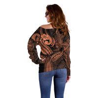 Polynesia Off Shoulder Sweater Whale Tale and Polynesian Sunset Plumeria Gold - Wonder Print Shop