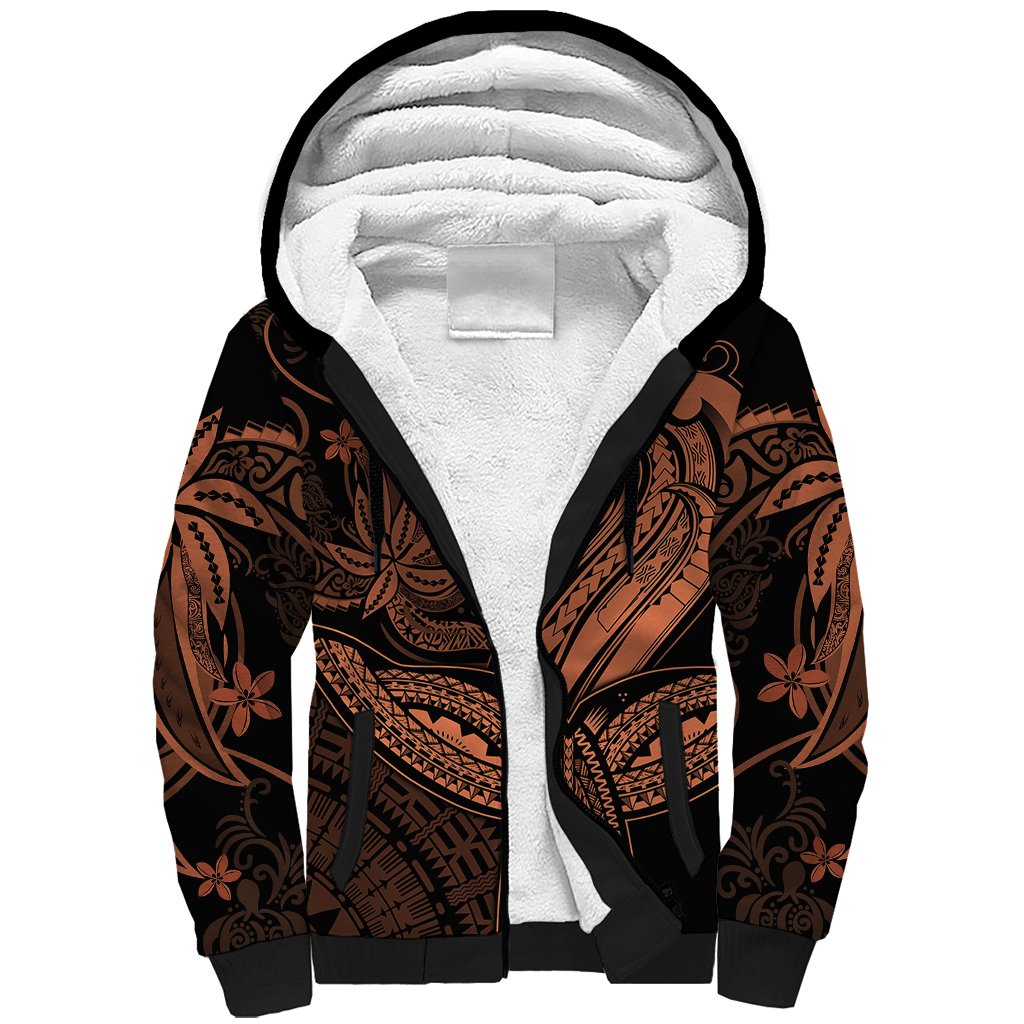 Polynesia Sherpa Hoodie Whale Tale and Polynesian Sunset Plumeria Gold - Wonder Print Shop