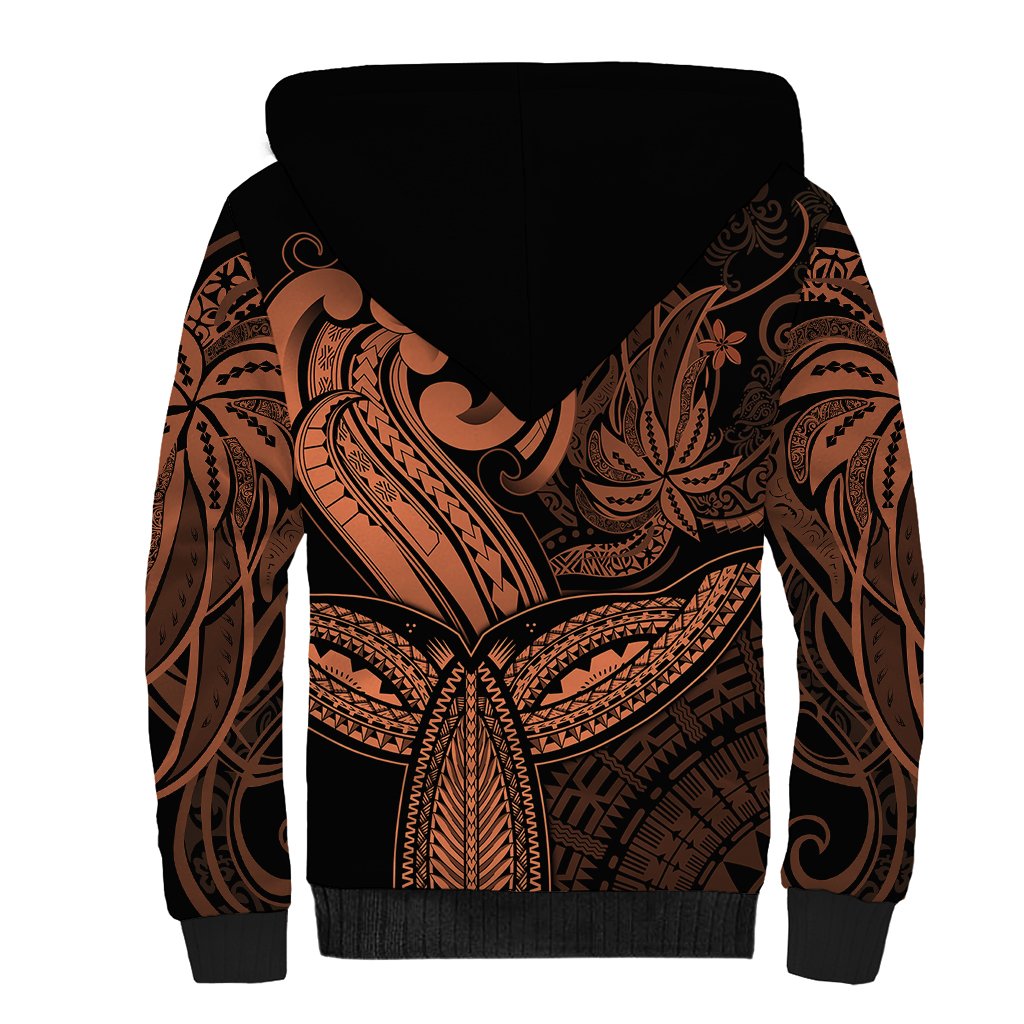 Polynesia Sherpa Hoodie Whale Tale and Polynesian Sunset Plumeria Gold - Wonder Print Shop