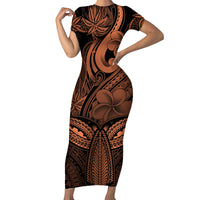 Polynesia Short Sleeve Bodycon Dress Whale Tale and Polynesian Sunset Plumeria Gold - Wonder Print Shop