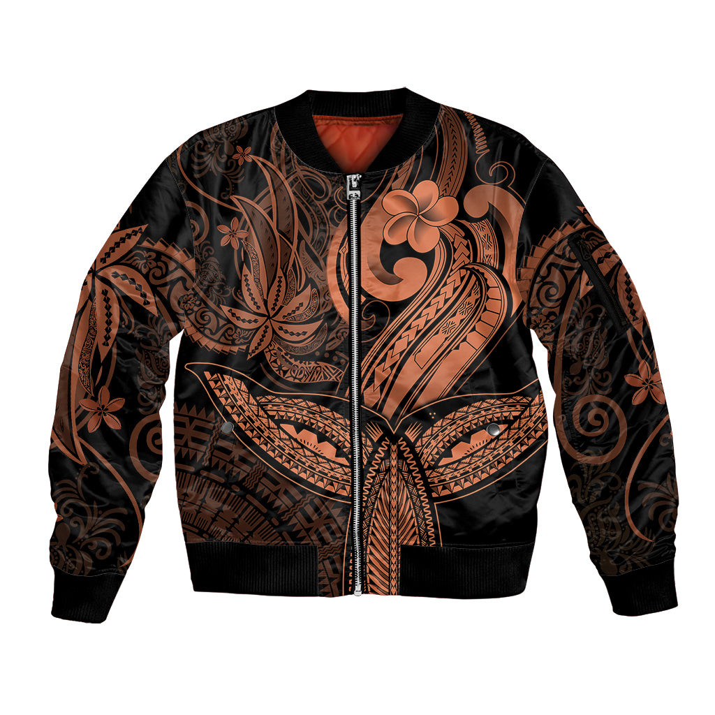 Polynesia Sleeve Zip Bomber Jacket Whale Tale and Polynesian Sunset Plumeria Gold - Wonder Print Shop