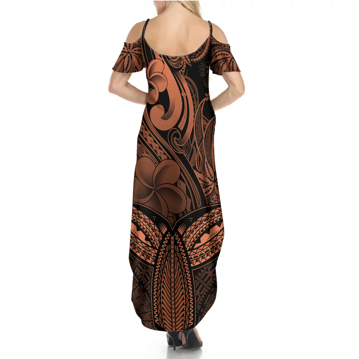 Polynesia Summer Maxi Dress Whale Tale and Polynesian Sunset Plumeria Gold - Wonder Print Shop