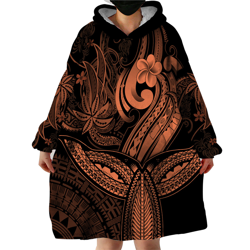 Polynesia Wearable Blanket Hoodie Whale Tale and Polynesian Sunset Plumeria Gold - Wonder Print Shop
