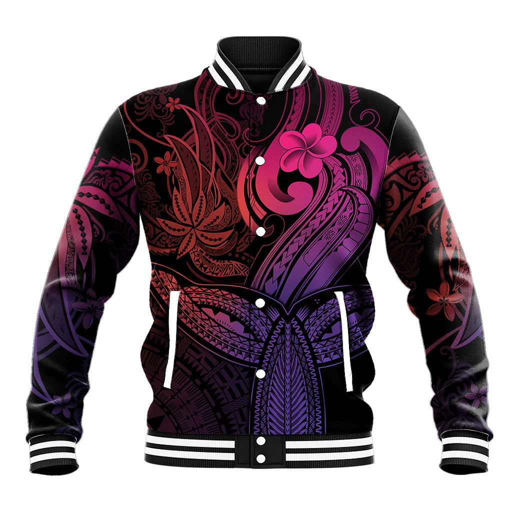 Polynesia Baseball Jacket Whale Tale and Polynesian Sunset Plumeria Pink LT9 - Wonder Print Shop