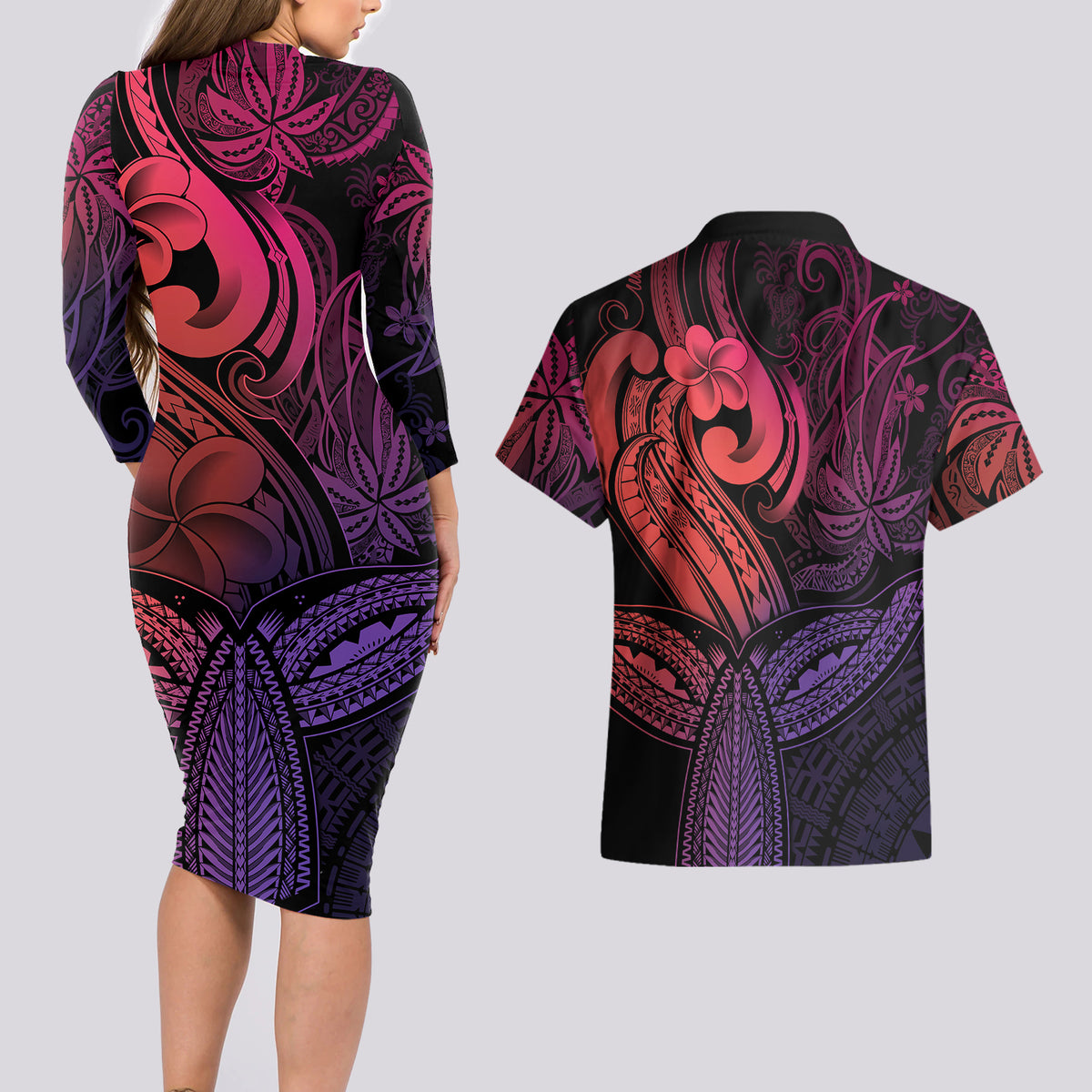 Polynesia Couples Matching Long Sleeve Bodycon Dress and Hawaiian Shirt Whale Tale and Polynesian Sunset Plumeria Pink LT9 - Wonder Print Shop