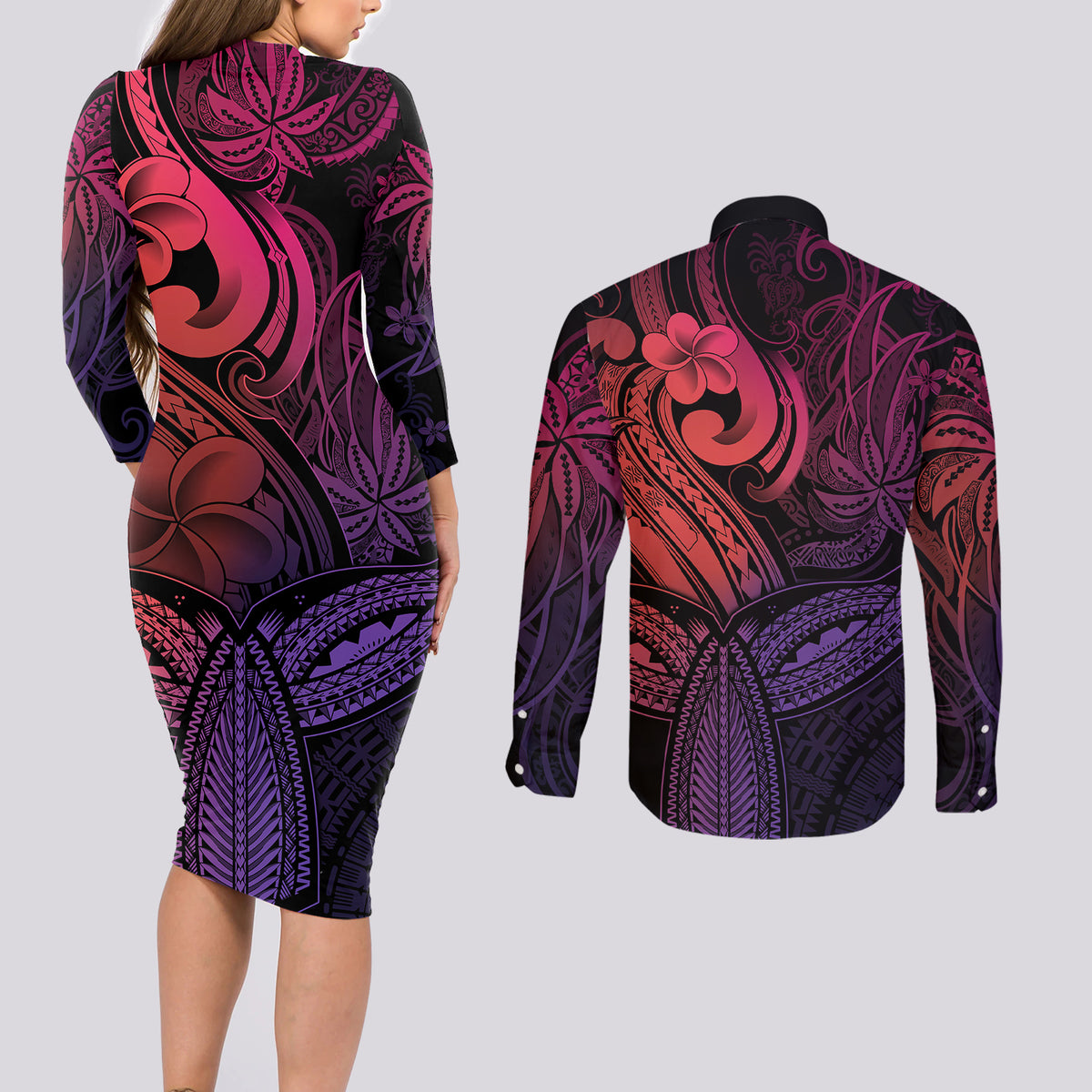 Polynesia Couples Matching Long Sleeve Bodycon Dress and Long Sleeve Button Shirts Whale Tale and Polynesian Sunset Plumeria Pink LT9 - Wonder Print Shop