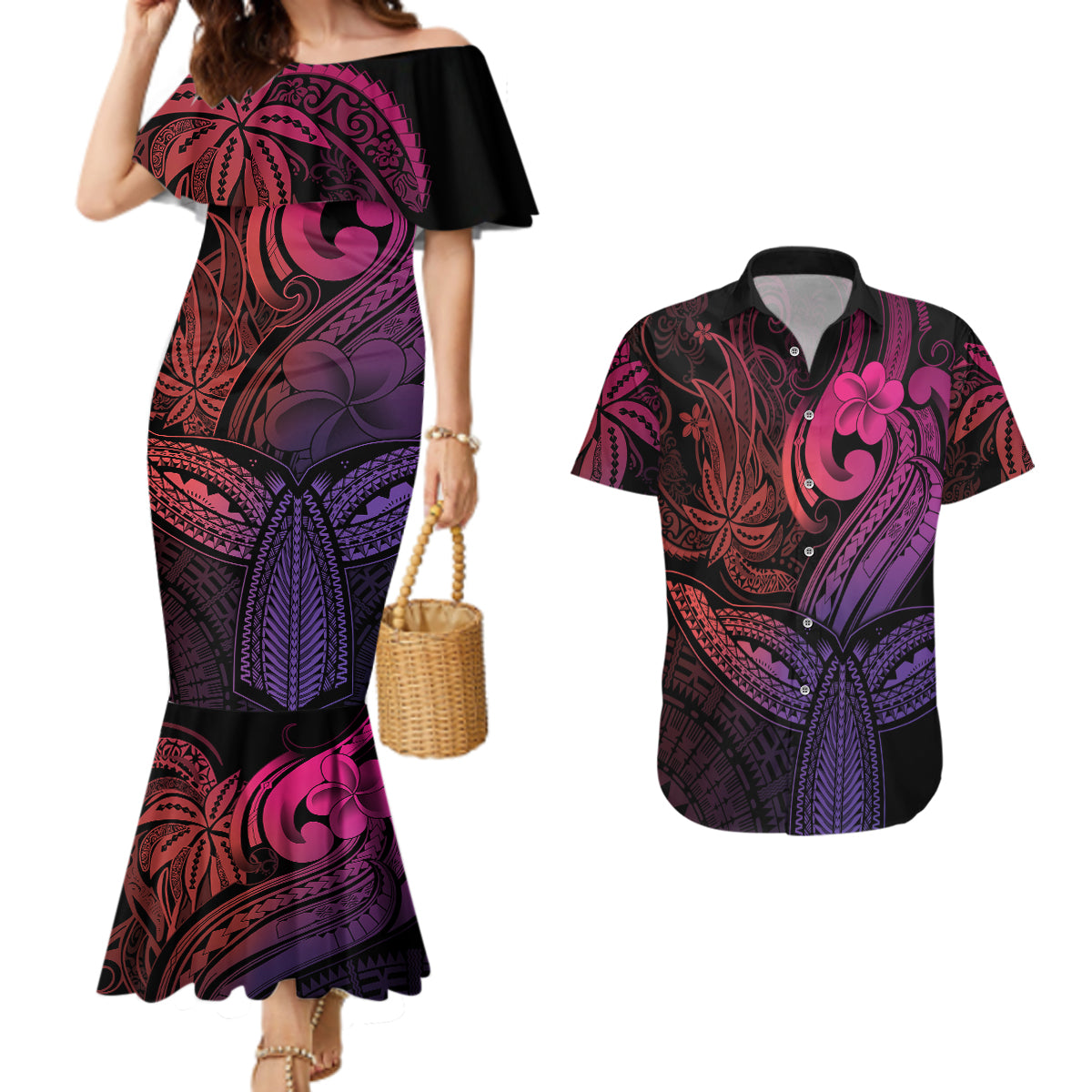 Polynesia Couples Matching Mermaid Dress and Hawaiian Shirt Whale Tale and Polynesian Sunset Plumeria Pink LT9 - Wonder Print Shop