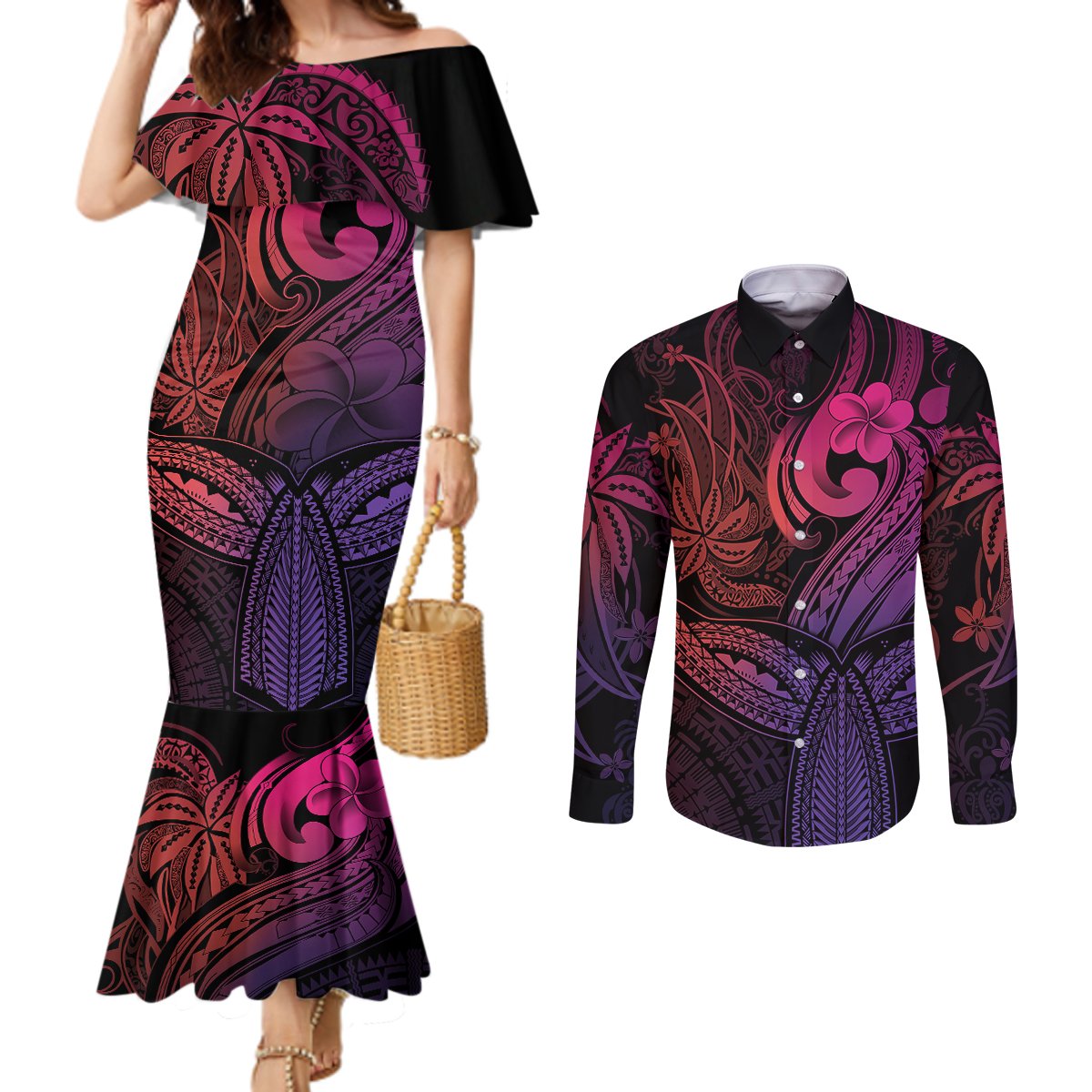 polynesia-couples-matching-mermaid-dress-and-long-sleeve-button-shirts-whale-tale-and-polynesian-sunset-plumeria-pink