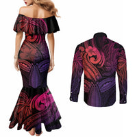 polynesia-couples-matching-mermaid-dress-and-long-sleeve-button-shirts-whale-tale-and-polynesian-sunset-plumeria-pink