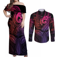Polynesia Couples Matching Off Shoulder Maxi Dress and Long Sleeve Button Shirts Whale Tale and Polynesian Sunset Plumeria Pink LT9 - Wonder Print Shop