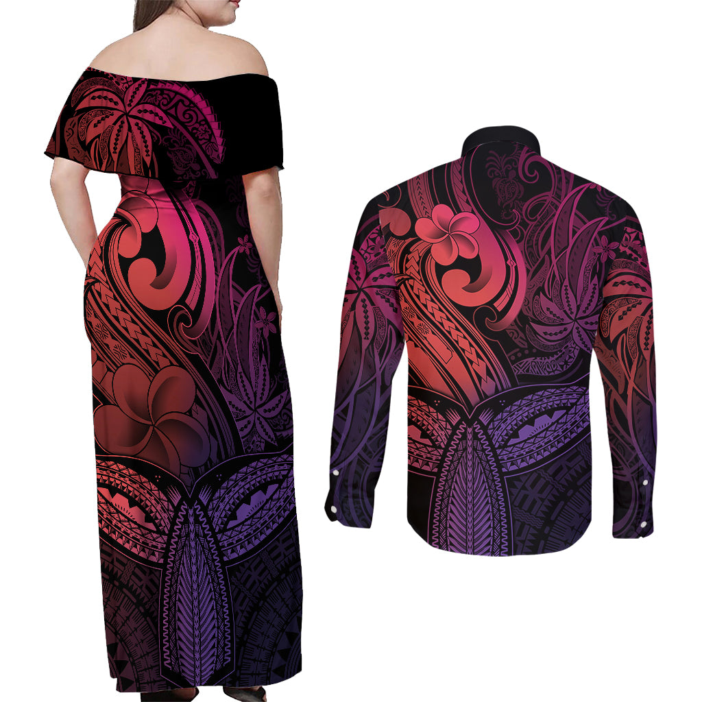 Polynesia Couples Matching Off Shoulder Maxi Dress and Long Sleeve Button Shirts Whale Tale and Polynesian Sunset Plumeria Pink LT9 - Wonder Print Shop
