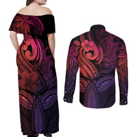 Polynesia Couples Matching Off Shoulder Maxi Dress and Long Sleeve Button Shirts Whale Tale and Polynesian Sunset Plumeria Pink LT9 - Wonder Print Shop