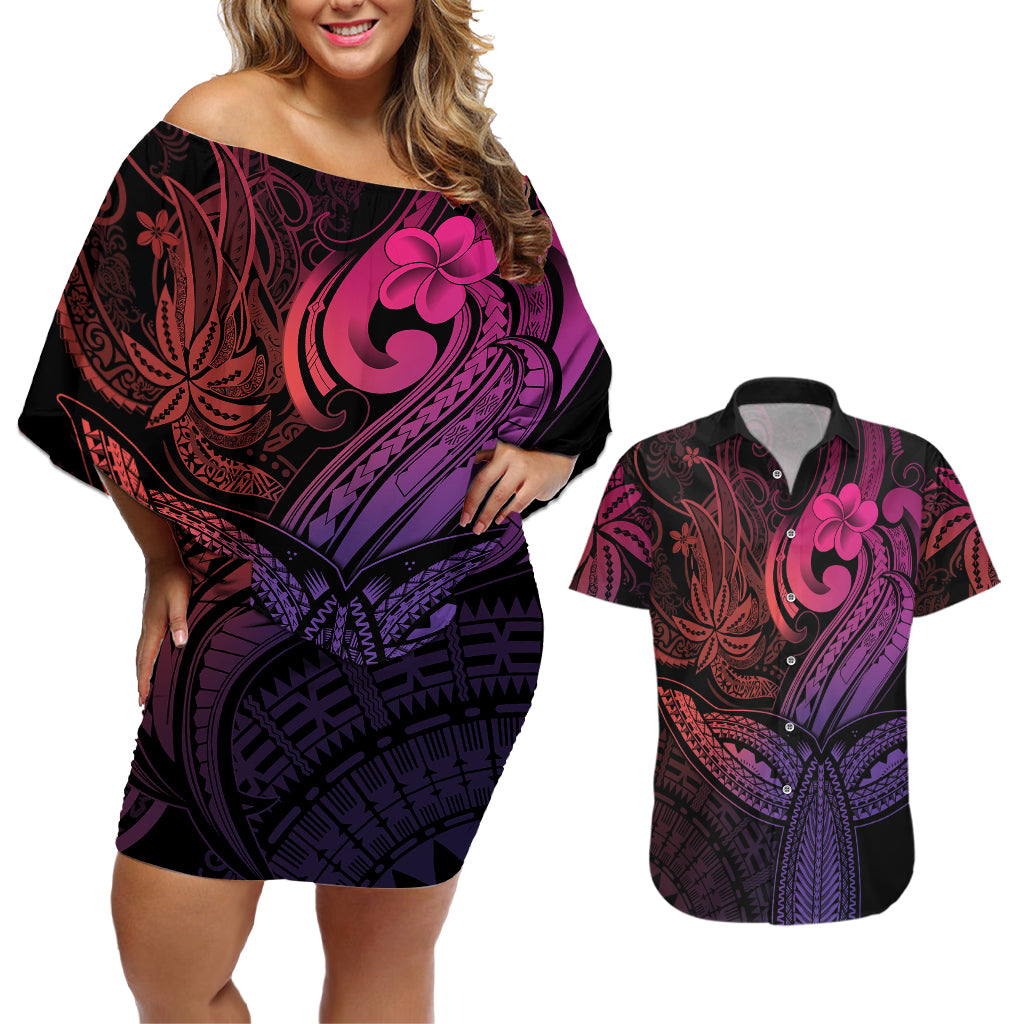 Polynesia Couples Matching Off Shoulder Short Dress and Hawaiian Shirt Whale Tale and Polynesian Sunset Plumeria Pink LT9 - Wonder Print Shop