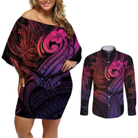 Polynesia Couples Matching Off Shoulder Short Dress and Long Sleeve Button Shirts Whale Tale and Polynesian Sunset Plumeria Pink LT9 - Wonder Print Shop