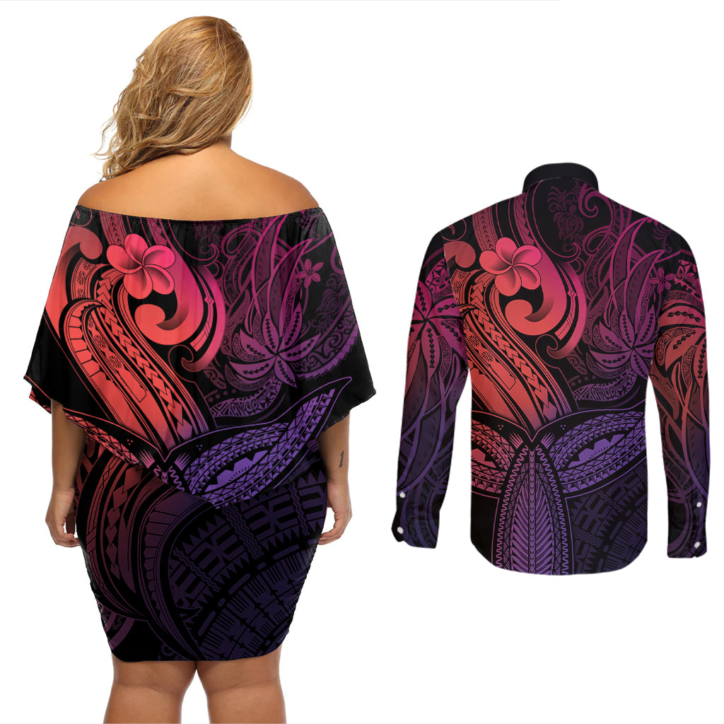 Polynesia Couples Matching Off Shoulder Short Dress and Long Sleeve Button Shirts Whale Tale and Polynesian Sunset Plumeria Pink LT9 - Wonder Print Shop