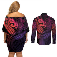 Polynesia Couples Matching Off Shoulder Short Dress and Long Sleeve Button Shirts Whale Tale and Polynesian Sunset Plumeria Pink LT9 - Wonder Print Shop